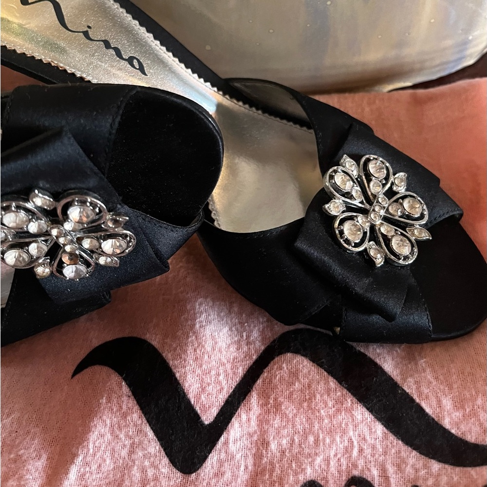 Nina black fabric sandals with bow brooch detail - Picture 2 of 9